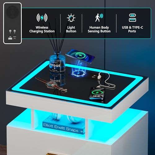 Smart LED Nightstand Set of 2 - with - Modern Night Stand with Wireless Charging Station, Glass Top Bedside Table with Drawers for Bedroom, Glossy End Table with Human Body Induction (White) - color: White X2 2 Drawers-glass Top