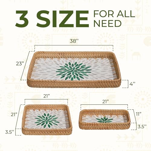 Set of 3 Rattan Serving Trays with Mother of Pearl Inlay – Handwoven Boho & Modern Farmhouse Decor for Kitchen, Bathroom, Coffee Table & Ottoman - style: Rattan Trays with Mother of Pearl Inlay