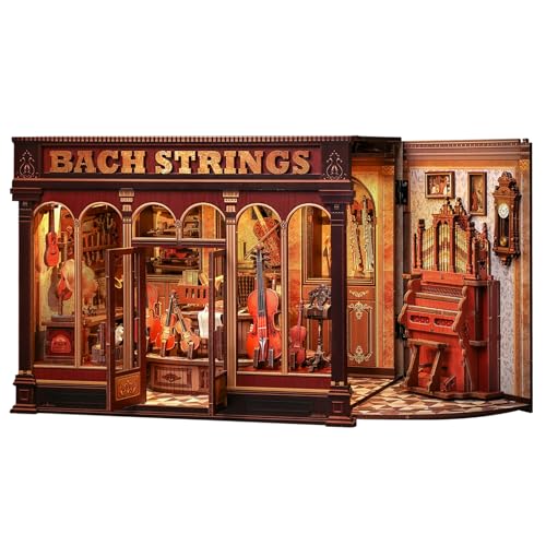 Book Nook Kit, DIY Miniature Music Workshop-Themed, 3D Wooden Puzzle Dollhouse with LED Lights, Bookend & Creative Bookshelf Decor, Craft Gifts for Family and Friends & Music Lovers (Bach Strings) - style: Bach String