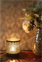Hosley Set of 2 Black (Gold Inside) Metal Jar Holder Candle Sleeve 4.5" High. Votive, Tea Light Lanterns Ideal Gift for Weddings, Parties, Spa and Aromatherapy O6 - color: Black (Gold Inside) 2 Pack, size: 4.5 inch High