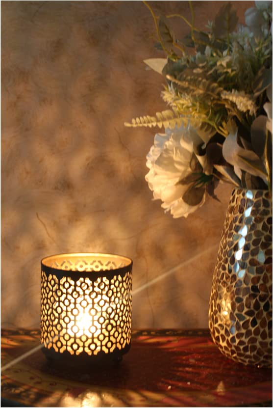 Hosley Set of 2 Black (Gold Inside) Metal Jar Holder Candle Sleeve 4.5" High. Votive, Tea Light Lanterns Ideal Gift for Weddings, Parties, Spa and Aromatherapy O6 - color: Black (Gold Inside) 2 Pack, size: 4.5 inch High