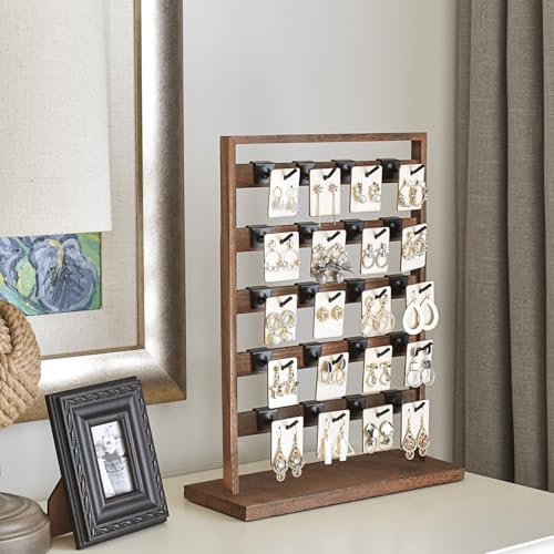 Ikee Design Free Assemble 2 Pcs Set Wooden Jewelry Display Rack with 20 Removable Metal Hooks/Each, Earring Card Display Holder Stand for Necklaces,Bracelet, Keychain Stand, Brown Color - color: 9) Brown, 2 Pieces