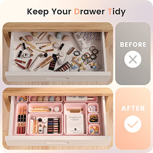 A-LuGei 【𝟮𝟴𝗣𝗖𝗦】 【𝟱𝗦𝗶𝘇𝗲】 Pink Drawer Organizer, Makeup organizer, 【Holds 177 Items】 Bathroom Organizers and Storage, Plastic Desk Organizer Divider, Organizer Bins for Office Vanity - color: Pink