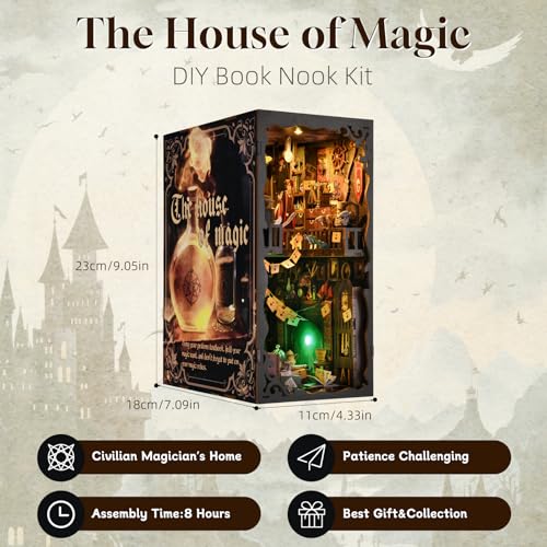 TOYQI Book Nook Kit, Book Nook Kits for Adults, DIY Miniature Dollhouse Kit 3D Wooden Puzzle Booknook Bookend with LED Light - style: MAGICIAN'S HOUSE