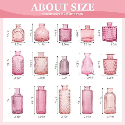 15 Pcs Colored Bud Vase Set,Glass Vases for Flower Centerpieces Wedding & Party Decor,Home Table Decorations,Bud Vases in Bulk for Housewarming (15, Pink) - color: Pink
