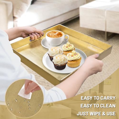 MAONAME Gold Decorative Tray with Handles, Foil Serving Tray for Ottoman, Square Coffee Table Trays for Living Room, Bathroom, 13" L x 13" W x 1.6" H - size: 13" x 13" x 1.6"