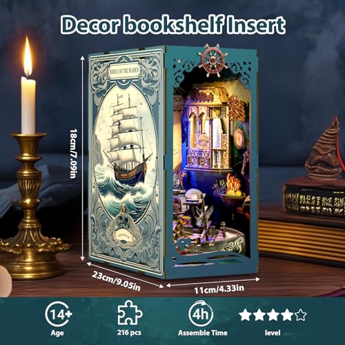 Book Nook Kit with Dust Cover & Stickers, Dust Cover, Bookshelf Insert Decor for Birthday, 3D Wooden Bookends Puzzle, Miniature Dollhouse Kit for Adults, Teens, Beginners（Mysterious Underwater） - style: Mysterious Underwater