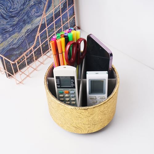 lizimandu Round Leather Art Supply Organizer,Remote Control Holder,360 Degree Spinning,Multi-Functional Pencil Holder,4 Compartments Desktop Stationary Organizer(1-Carved Gold) - color: 1-Carved Gold