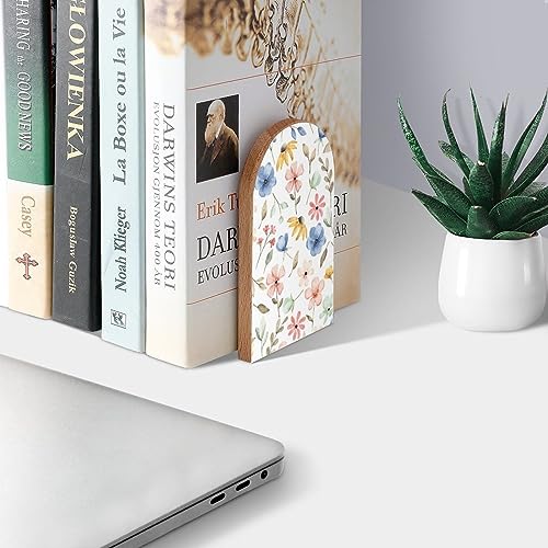 Seamless Flowers Blue Pink Book Ends Decorative Wood Bookends for Shelves Kids Room Desk Home Office Book Stoppers for Magazines,Books, DVDs, 1 Pair/2 Pieces(5x3.1 in)