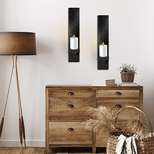 Potchen 4 Set Wooden Wall Candle Holder Sconces Mount Decorative Holders Decor Rustic Hanging Shelf Living Room Decoration for Farmhouse Bathroom Bedroom Vase Living Room(Black) - color: Black