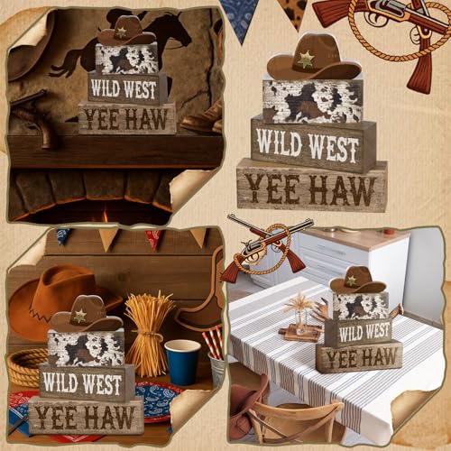 Yuntau 4 Pcs Western Tiered Tray Decorations Set Cowboy Hat Stack Block Signs Desert Farmhouse Rustic Tabletop Tiered Tray Decor for Table Shelf Home Office - style: Western Hat