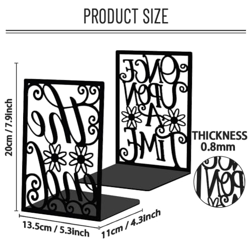 WADORN 1 Pair Once Upon A Time Metal Decorative Bookend for Shelves, Heavy Duty Book Ends Modern Non-Skid Books Holder Stand Black Book Support Stoppers for Desk Bookshelf Office, 5.3x4.3x7.9 Inches - color: Once Upon a Time