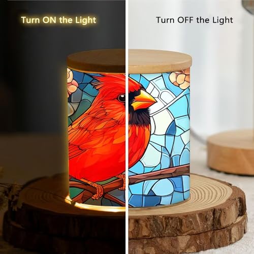 Cardinal Stained Glass Tea Light Holder for Home Decoration, Pink Flower Tealight Candle Holders with Bamboo Lid, Cardinal Bird Votive Candle Jar Memorial Glass Candlesticks - 3.5"x2.8" - color: Cardinal