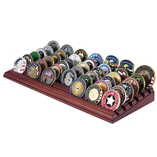 LIUYALO Challenge Coin Display, 6 Row Military Coin Holder Display Rack, Solid Wood Coin Rack Stand Holds 42 Coins with Deep Anti-Slip Grooves, Collector Display for Desk or Shelf - color: bronze