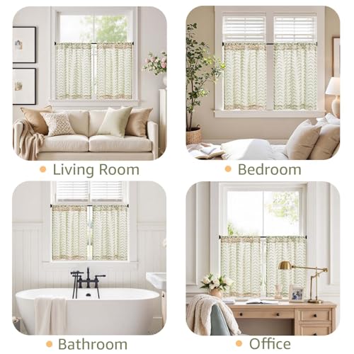 jinchan Boho Linen Blend Kitchen Curtains 24 Inch Length Herringbone Printed Tier Curtains for Small Windows Bathroom Cafe Laundry Room Set of 2 Rod Pocket Green on Linen - color: Arrow | Green on Linen, size: 26"W x 24"L (Pack of 2)