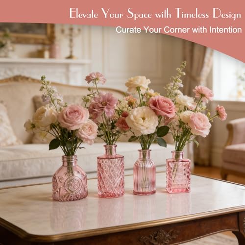 Petal Petite Glass Vase Set of 24 Small Pink Glass Bud Vases, Mini Vintage Flower Vases for Wedding Centerpieces & Table Décor, Champagne Vases in Bulk for Single Stem, Home and Office Decor - color: Pink