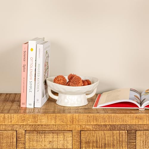 Creative Co-Op Stoneware Footed Pedestal Bowl with Handles, Reactive Glaze, White - color: White, size: 9.5" Round x 4" Tall