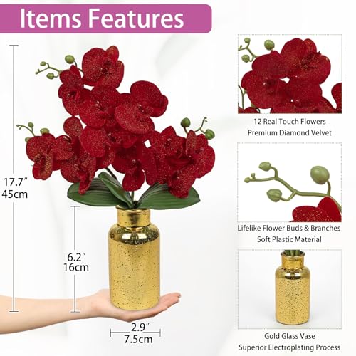 Red Orchids Artificial Flowers Faux Orchid Arrangement with Gold Glass Vase Real Touch Velvet Phalaenopsis Orchid Flowers Orchids Centerpiece for Dining Room Table - color: Red # Gold