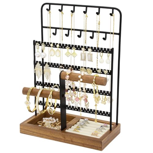 Jewelry Holder Organizer Stand 4-Tier Necklace Stand Earring Holder with Wooden Tray, Jewelry Rack for Bracelets Watches and Rings Display Stand, Gifts for Women & Girls-Black - color: Tray&Black