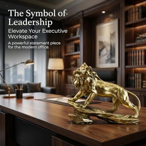 Gold Lion Statue for Home Decor - 8.7" Modern Resin Climbing Lion Sculpture - Luxury Office Desk Accessories & Motivational Gifts for Men (Polished Gold Finish)