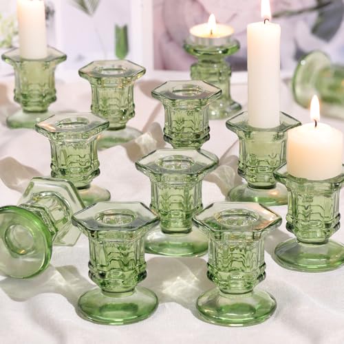 Green Candlestick Holders Bulk, 12 Pcs Glass Candle Holders Set,Crystal Taper Candle Holder for Wedding, Table Centerpiece, Home Decoration - color: Green