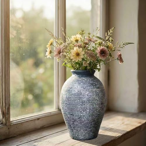 Ceramic Flower Vase for Home Decor, Rustic Farmhouse Vintage Retro Large Vase for Living Room, Kitchen, Bedroom, Decoration for House, Bookshelf, Dining Table, Office, Gift(9.3 inch) - color: Dark Blue-9.3"