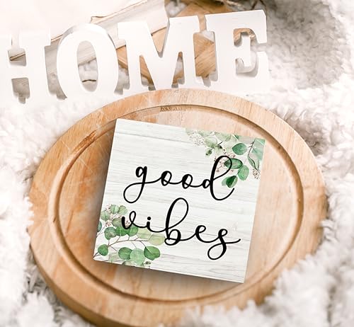 SRADMO Inspirational Botanical Eucalyptus Leaves Wood Box Sign Desk Decor, Rustic Green Eucalyptus Leaves Wooden Block Box Sign Decor for Home Office Shelf Table Decorative Accessories - color: Eucalyptus leaf, size: 5″×5″