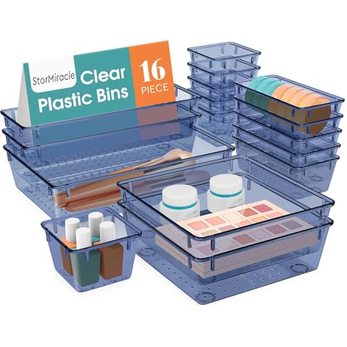 StorMiracle 16 PCS Drawer Organizer Set, 5 Varied Size Bathroom and kitchen Drawer cabinet organizer Trays, Clear Storage Bins for Makeup, Jewelry, Utensils and Gadgets,Dark Blue - color: Dark Blue, size: 16 PCS