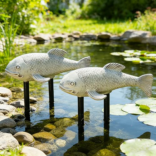 Teaeeno Set of 2 Antique Koi Fish Statue, Outdoor Garden Sculpture for Patio, Backyard, Pond, and Home Decor (White) - color: White