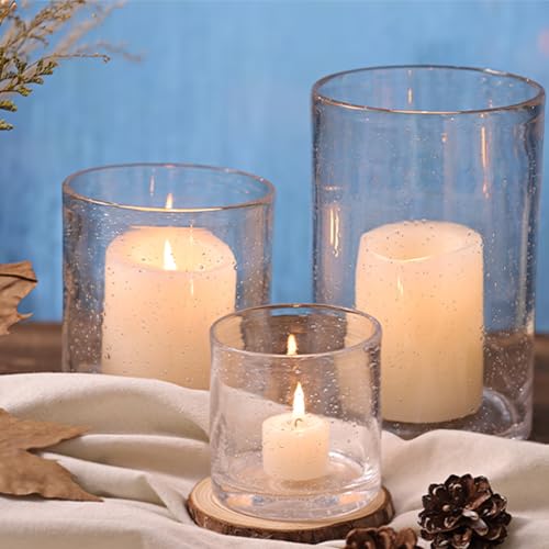 NITIME Hurricane Candle Holder Set of 3 Clear Candle Holders for Pillar Candles, Seeded Bubbles Glass Candle Holder for table centerpiece, Glass Cylinder Vases for Home, Patio and Wedding 8"4.7"3.5"H - color: Clear, size: Medium
