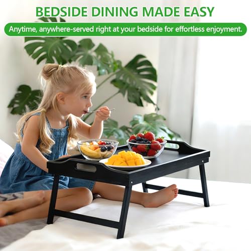 2 Pack Bed Tray Table Breakfast Trays Serving Tray Bamboo Bed Laptap with Floding Legs Handles and Phone Holders - style: 2 pack(Black)