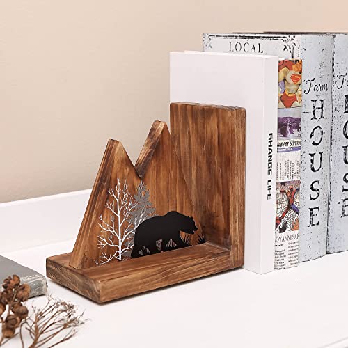 NIKKY HOME Heavy Duty Non Slip Rustic Woodland Mountain Wood Bookend Cute Bear Book Ends Book Stoppers for Cabin Decor Home and Office Shelves Children - color: Bear