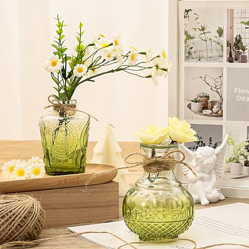 Arme Bud Vase Set of 32, Green Vases Glass Bud Vases in Bulk, Small Vases for Centerpieces Mini Flower Vase Set Cute Vintage Glass Vase Set for Flower Wedding Home Centerpiece Table Decorations - color: Green-32pcs, size: 32 Pcs