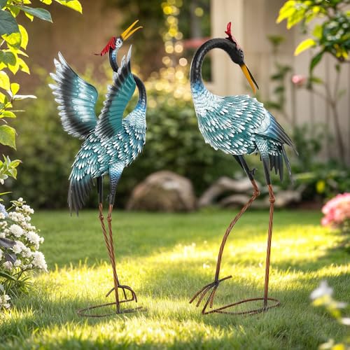 Extra-Large Crane Statue, 36.8" Handcrafted Metal Blue Heron Decor Sculptures with Stable U-Ground Stakes, Backyard Decoration, Metal Garden Bird Animal Yard Art, Lawn Ornament Decor - color: 36" - Gradient Sky Blue