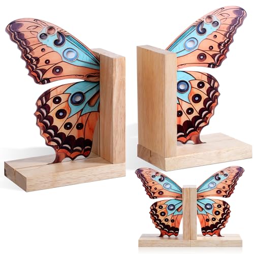 Decorative Butterfly Bookends Wooden Acrylic Butterflys Bookend Modern Bookshelf Decor Accent Book Stopper Decor for Home Farmhouse Shelves Office Lover Gift(Junonia Almana Butterfly) - style: Junonia Almana Butterfly