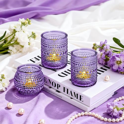 Rubtlamp Purple Votive Candle Holders Set of 24, Glass Candle Holders Bulk for Table Centerpiece, Tea Lights Candle Holder Glass for Wedding Shower, Home Party Decor - color: Purple