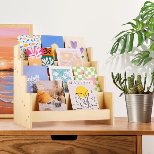 Exood Greeting Card Organizer Display Stand , 4-Tier Wooden Rack Holder for postcard Brochure Photos Sticker Retail