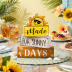 Lineshading 4 Pcs Summer Table Decoration Wooden Sun Beach Tiered Tray Decor Summer Centerpiece Rustic Wood Made for Sunny Day Block Sign Gifts Beach Decorations for Home Kitchen Office Coffee Bar - style: Sun