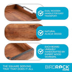 BIRDROCK HOME Wooden Serving Tray with Handles - Farmhouse Decor - Square Top Breakfast Trays - Tea Cheese Board - Coffee Table - Natural Acacia Wood - Kitchen - Bar