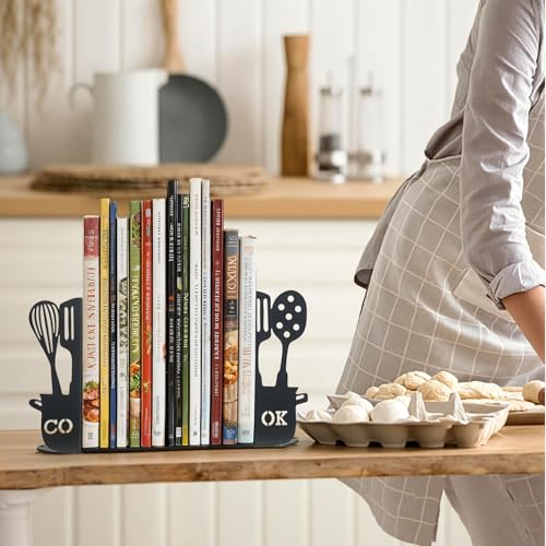ENCIMART Metal Book Ends for Shelves, Kitchen Bookends Home Decorative Bookends for Heavy Books, Unique Cute Cookbook Organizer Book Holder for Kitchen Housewarming Cooking Book Lover Gifts, Black - color: Black Cook