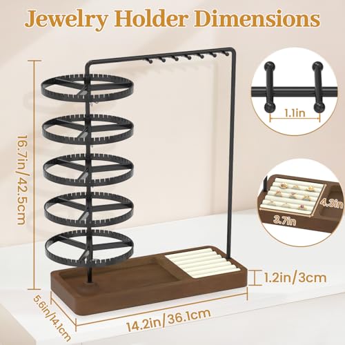 MODOWEY Earring Holder Organizer Jewelry Stand, 285 U-Slots Adjustable Rotating Earring Tree Rack, 14 Hooks Tall Necklace Display for Women, 5 Tier Compact Large Capacity Tower with Ring Tray, Black - color: Black-Brown