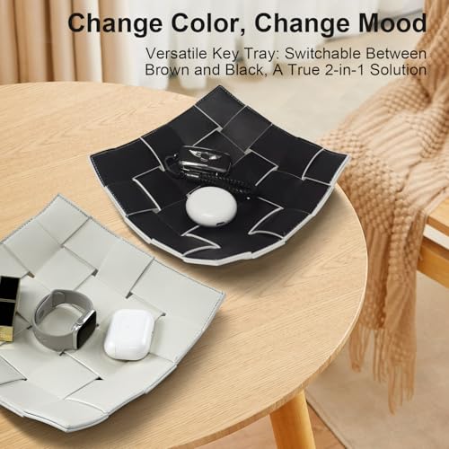 MSJGA Valet Tray for Men and Women PU Leather Key Holder Bowl for Entryway Table Bedside Nightstand Desk Catchall Organizer Tray for Wallet, Watch, Key, Phone Men's Gift - 9.8" L x 9.8" W x 2" H - color: White