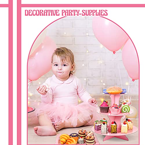 Zopeal 7 Pcs Dessert Table Display Set 3-Tier Cupcake Stand 1-Tier Cup Cake Display Tower Platters and Serving Trays Cardboard Cake Cookie Holders for Wedding Birthday Party Baby Shower(Pink) - color: Pink