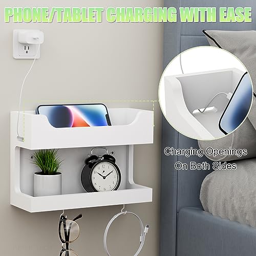 NiHome Wall Mounted Wooden Bedside Accessories Organizer, Double Tray Bedside Storage Shelf Rack with Magnetic Hooks, Bedroom Dorm RV Wall Caddy Holder for Phone Glasses Alarm Clock Remote (White) - color: White, size: Small