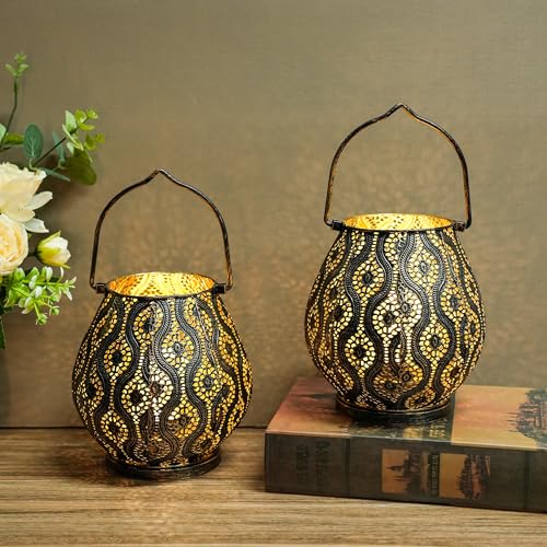 TRIROCKS Set of 2 Moroccan Decorative Lamps 8'' High Cordless Lamp Metal Table Lamps with Fairy Lights Bulb for Home Living Room Garden Yard Party Events Tabletop Indoor Outdoor(Black) - color: Black