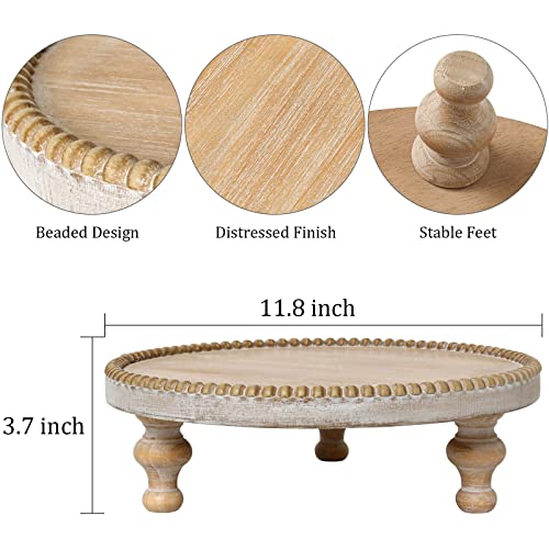 SwallowLiving Rustic Round Wood Tray Riser Farmhouse Pedestal Stand With Beaded Edge for Decor Wooden Finish Cupcake Display for Cakes and Decorative Items 11.8 inches - color: burlywood
