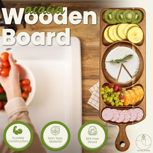 Reversible Acacia Wood Serving Platter with Handle – Premium Wooden Tray for Charcuterie, Crackers, Cheese, Fruit, Veggies, Appetizers & Snacks – Party Serving Tray & Travel Charcuterie Board
