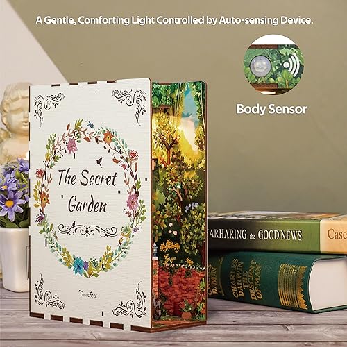 Tonecheer DIY Book Nook Kit for Adults, 3D Wooden Puzzle Bookend Bookshelf Insert Decor, Booknook Miniature House Kit with Body Motion Sensor LED Light (The Secret Garden)