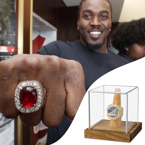 Hooqict Championship Ring Display Case Clear Acrylic Ring Case Display Box UV Protected with Wood Base Stand for Sports Baseball Basketball Softball Football Single Ring Holder Coin Stand - size: 1 Pack