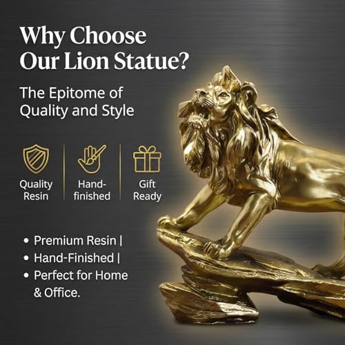 Gold Lion Statue for Home Decor - 8.7" Modern Resin Climbing Lion Sculpture - Luxury Office Desk Accessories & Motivational Gifts for Men (Polished Gold Finish)